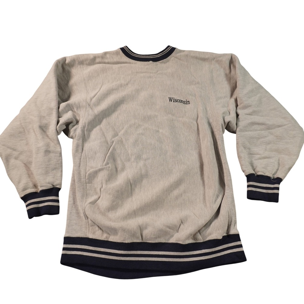Champion Reverse Weave Sweatshirt Mens XL Gray Wisconsin Embroidered Striped